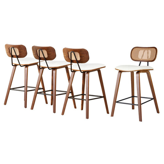Nina Leather Padded Rattan Bar Stools 64cm Walnut & Beige (Set of 4) - Barstool Express