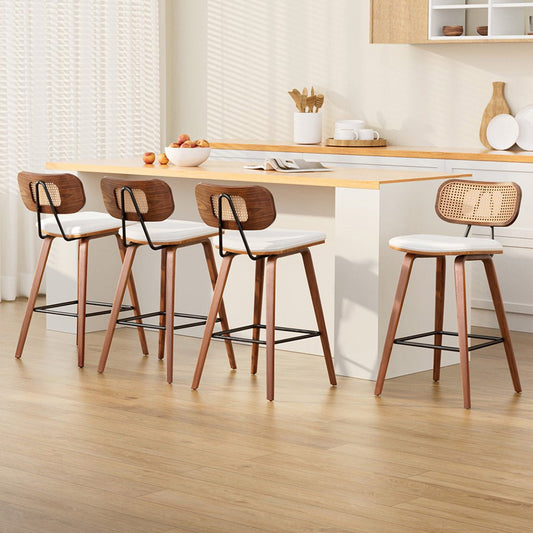 Nina Leather Padded Rattan Bar Stools 64cm Walnut & Beige (Set of 4) - Barstool Express