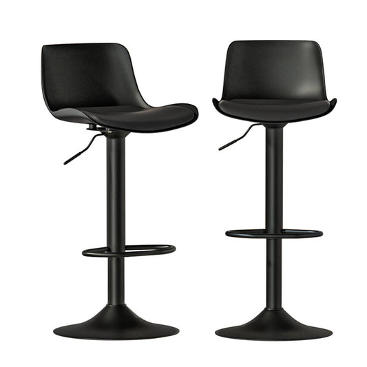 Two black swivel bar stools on a white background