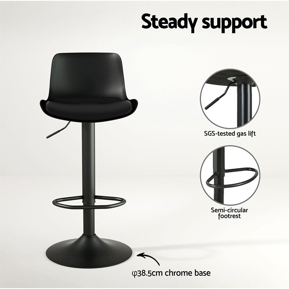 Black bar stool with SGS-tested gas lift, semi-circular footrest, and chrome base on a white background.