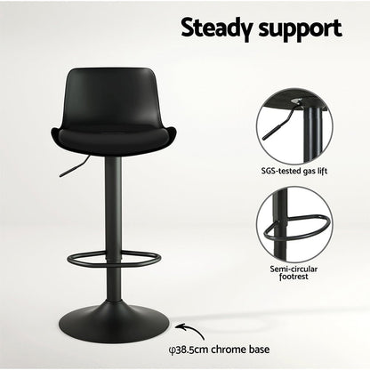Black bar stool with SGS-tested gas lift, semi-circular footrest, and chrome base on a white background.