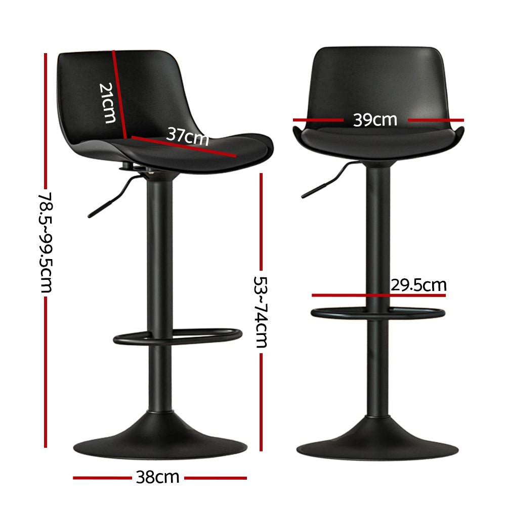 Two black bar stools with measurements on a white background