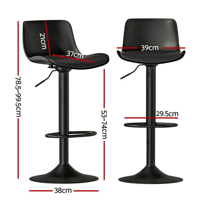 Two black bar stools with measurements on a white background