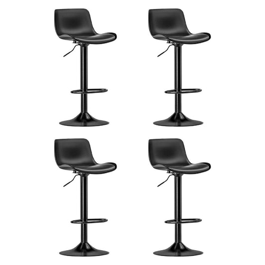 Four black swivel bar stools on a white background