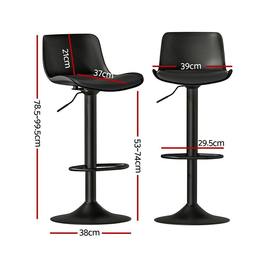 Two black bar stools with dimensions marked on a white background