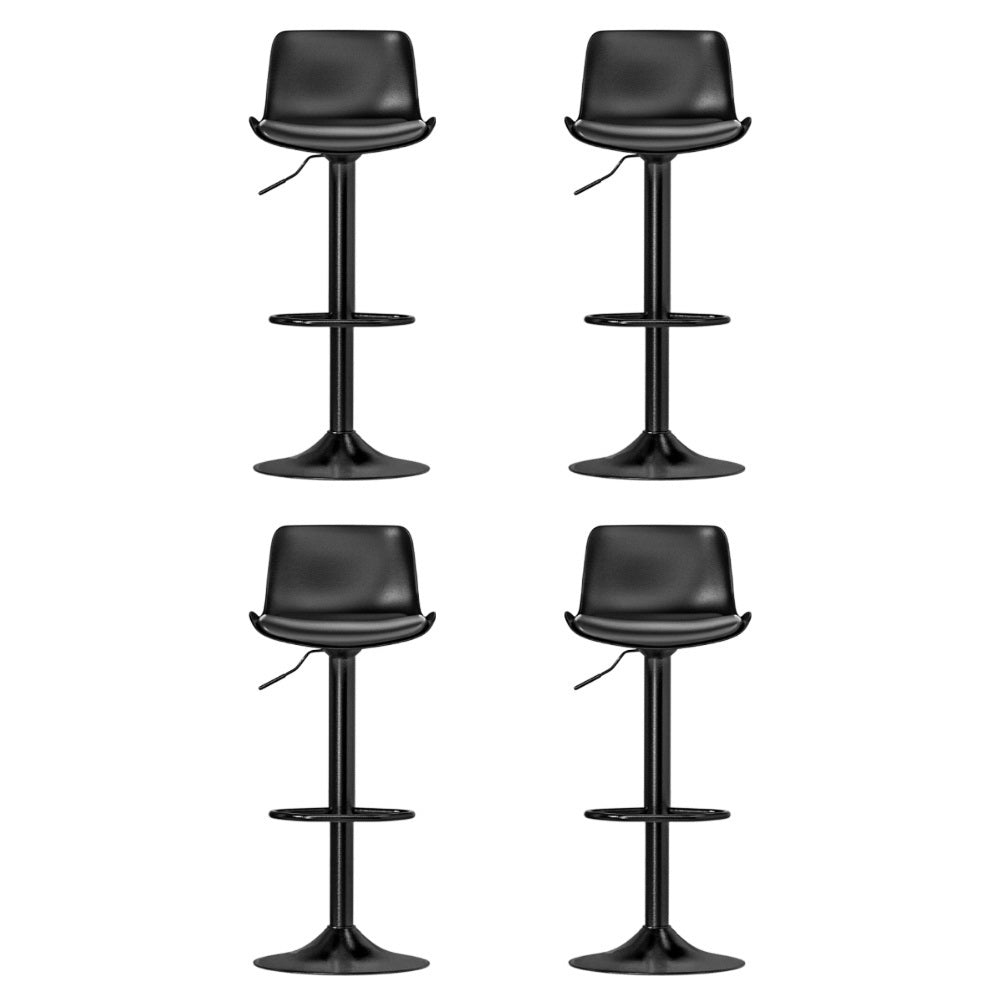 Four black bar stools on a white background
