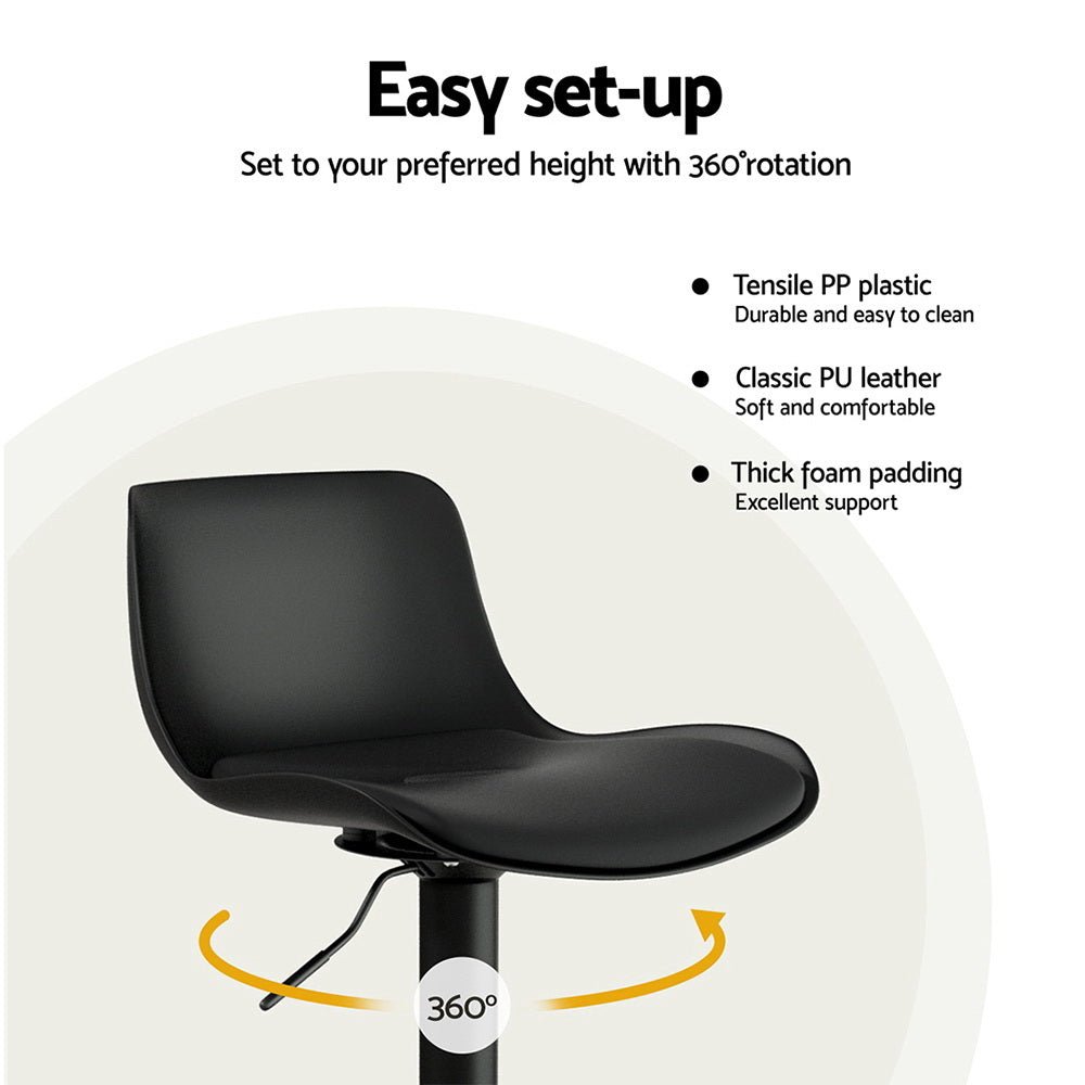 Black adjustable chair with text highlighting features on a white background