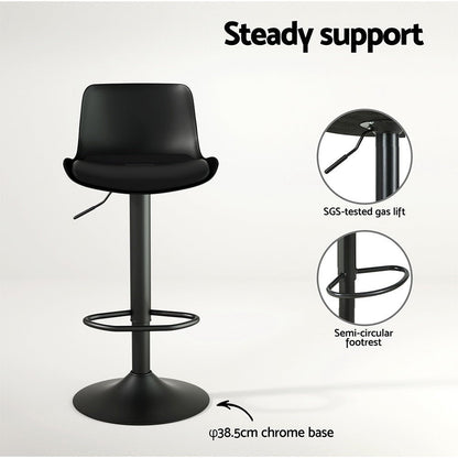 Black bar stool with SGS-tested gas lift, semi-circular footrest, and chrome base on a white background.