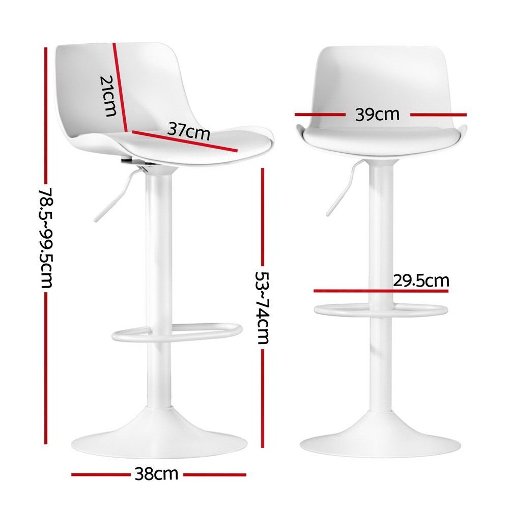White bar stools with dimensions marked on a white background
