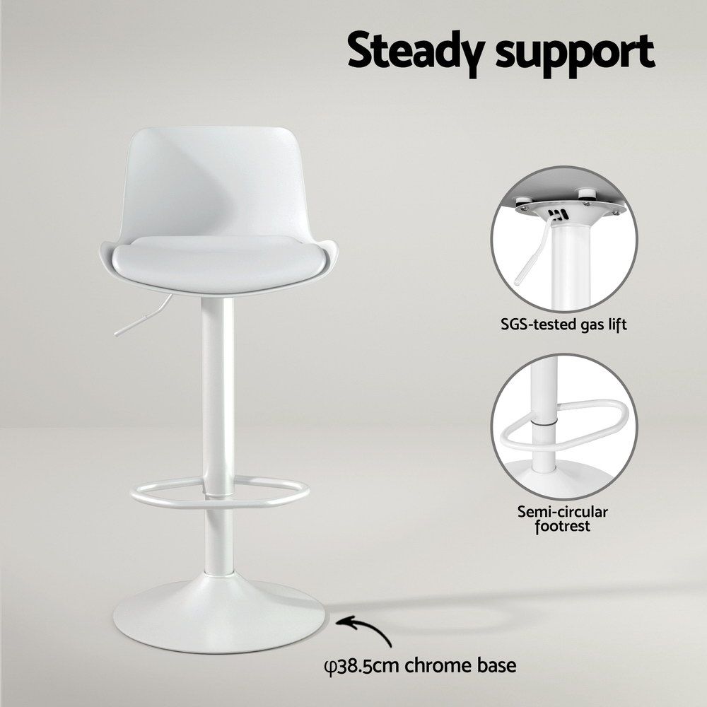 White bar stool with SGS-tested gas lift, semi-circular footrest, and chrome base on a grey background.