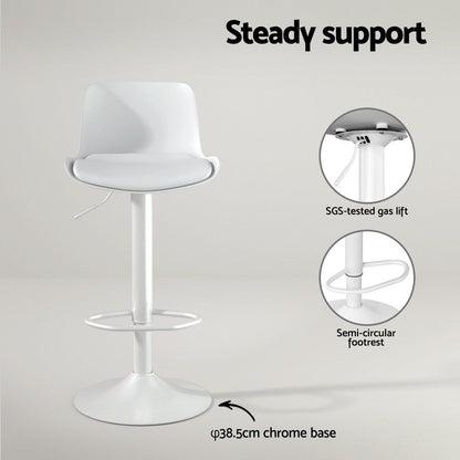 White bar stool with SGS-tested gas lift, semi-circular footrest, and chrome base on a grey background.
