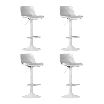 Four white swivel bar stools on a white background