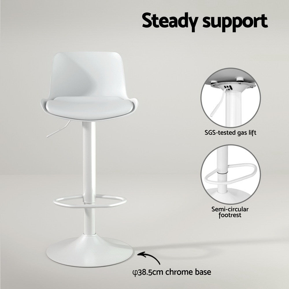 White bar stool with SGS-tested gas lift, semi-circular footrest, and chrome base on a grey background.