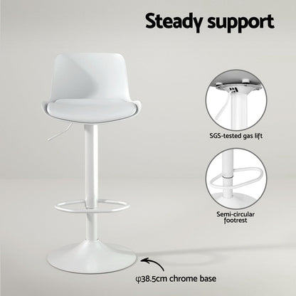 White bar stool with SGS-tested gas lift, semi-circular footrest, and chrome base on a grey background.