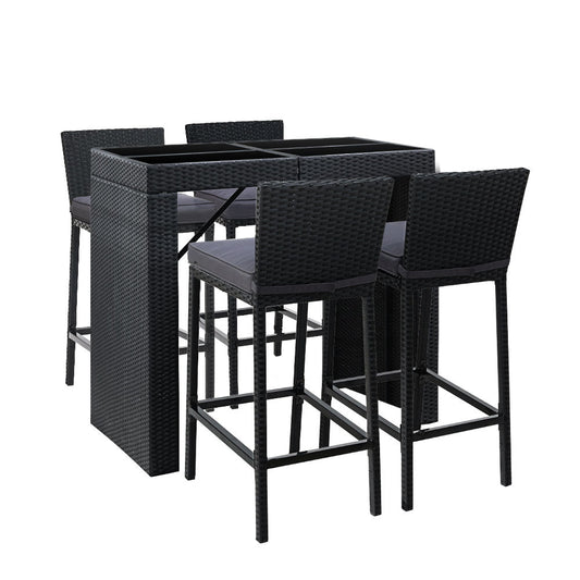 Outdoor Wicker Dining Bistro Bar Set – Black with Grey Cushions (5 Piece) - Barstool Express
