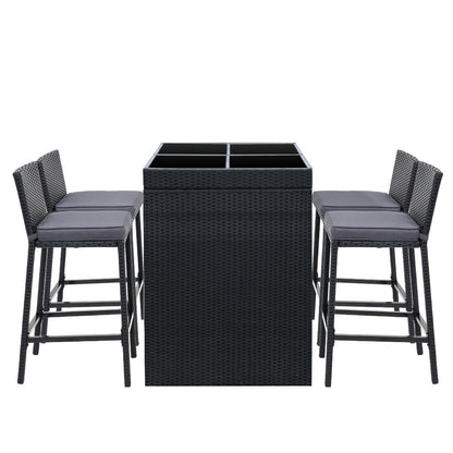 Outdoor Wicker Dining Bistro Bar Set – Black with Grey Cushions (5 Piece) - Barstool Express