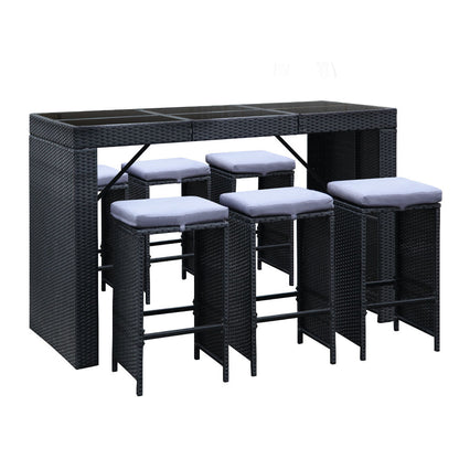Outdoor Wicker Dining Bistro Bar Set – Black with Grey Cushions (7 Piece) - Barstool Express
