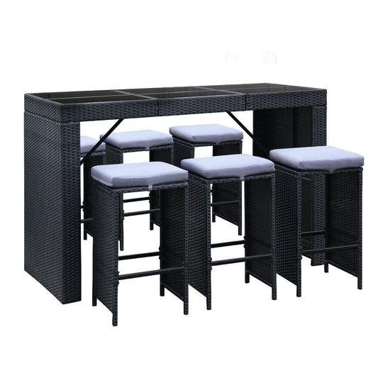 Outdoor Wicker Dining Bistro Bar Set – Black with Grey Cushions (7 Piece) - Barstool Express