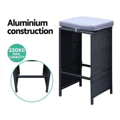 Outdoor Wicker Dining Bistro Bar Set – Black with Grey Cushions (7 Piece) - Barstool Express