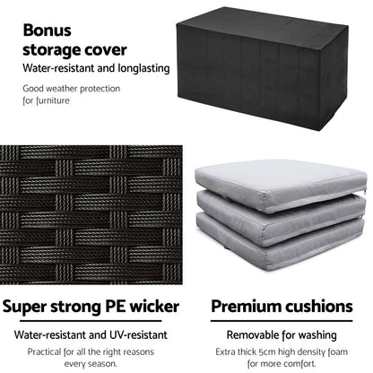 Outdoor Wicker Dining Bistro Bar Set – Black with Grey Cushions (7 Piece) - Barstool Express