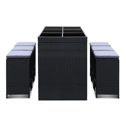 Outdoor Wicker Dining Bistro Bar Set – Black with Grey Cushions (7 Piece) - Barstool Express