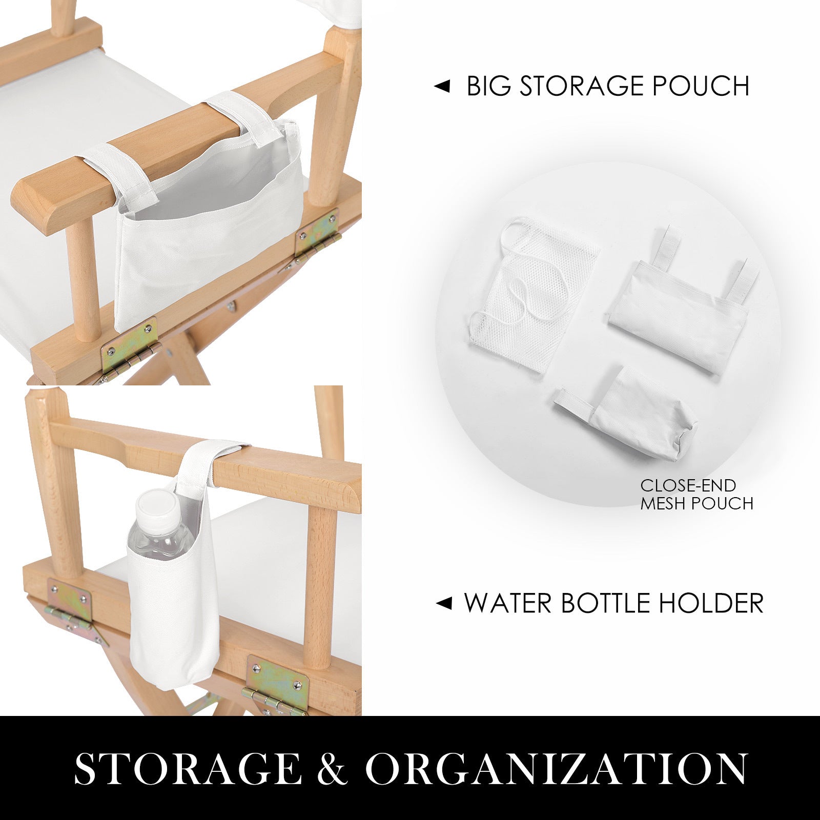 Wooden Oxford director chair showing storage and organisation system with a big storage pouch, close-end mesh pouch, and water bottle holder.