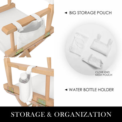 Wooden Oxford director chair showing storage and organisation system with a big storage pouch, close-end mesh pouch, and water bottle holder.