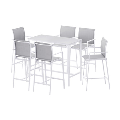 White dining table with six matching grey bar stools on a white background