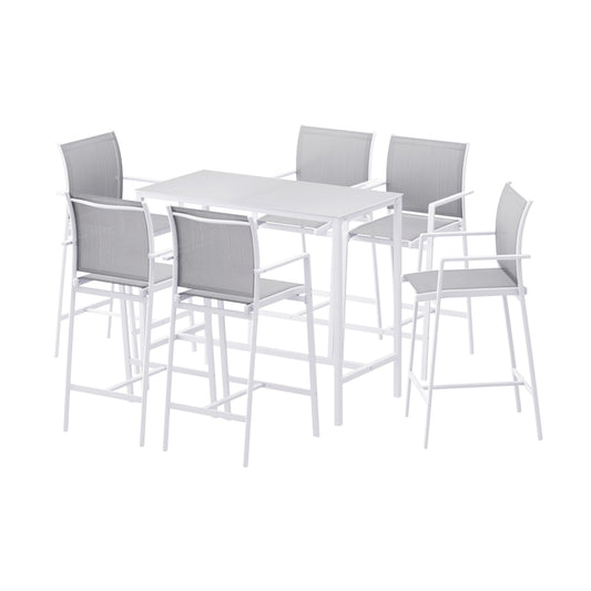 White dining table with six matching grey bar stools on a white background