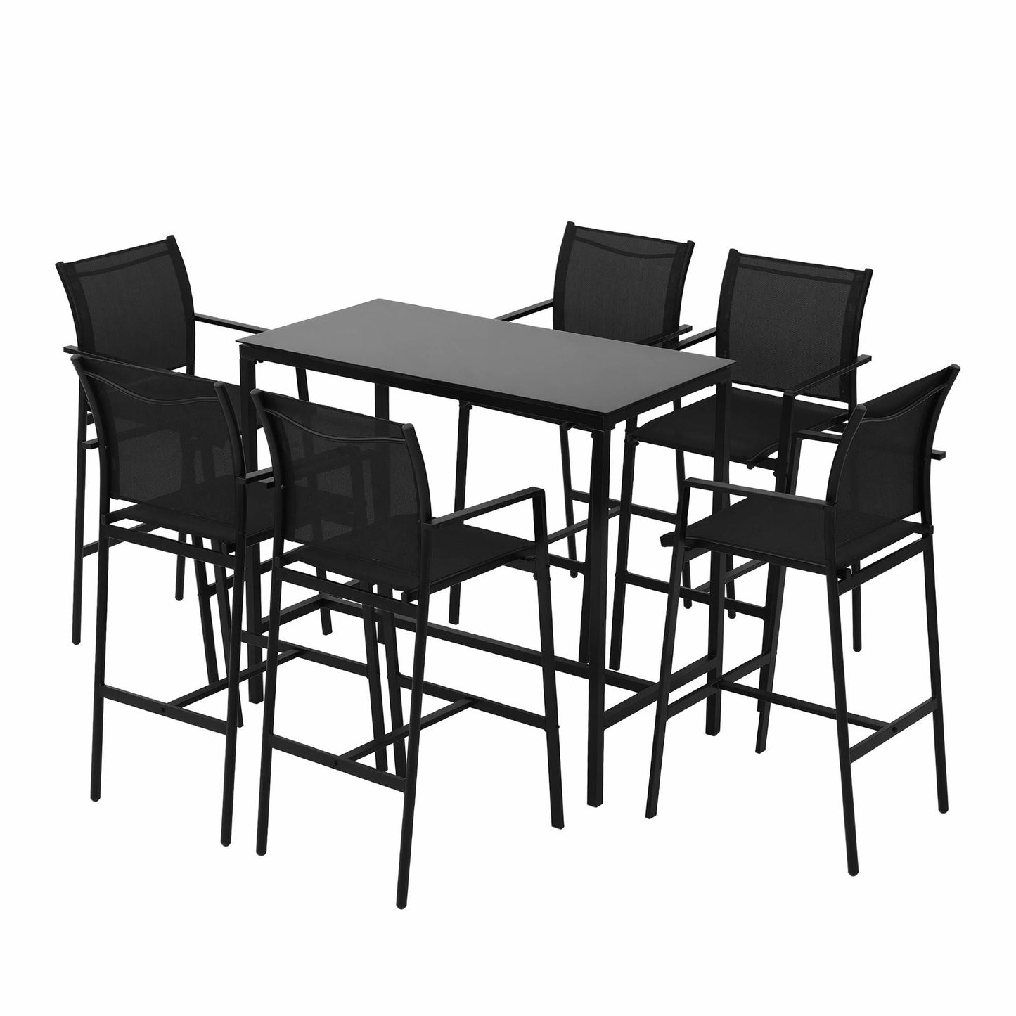 Black outdoor dining set with a table and six chairs on a white background
