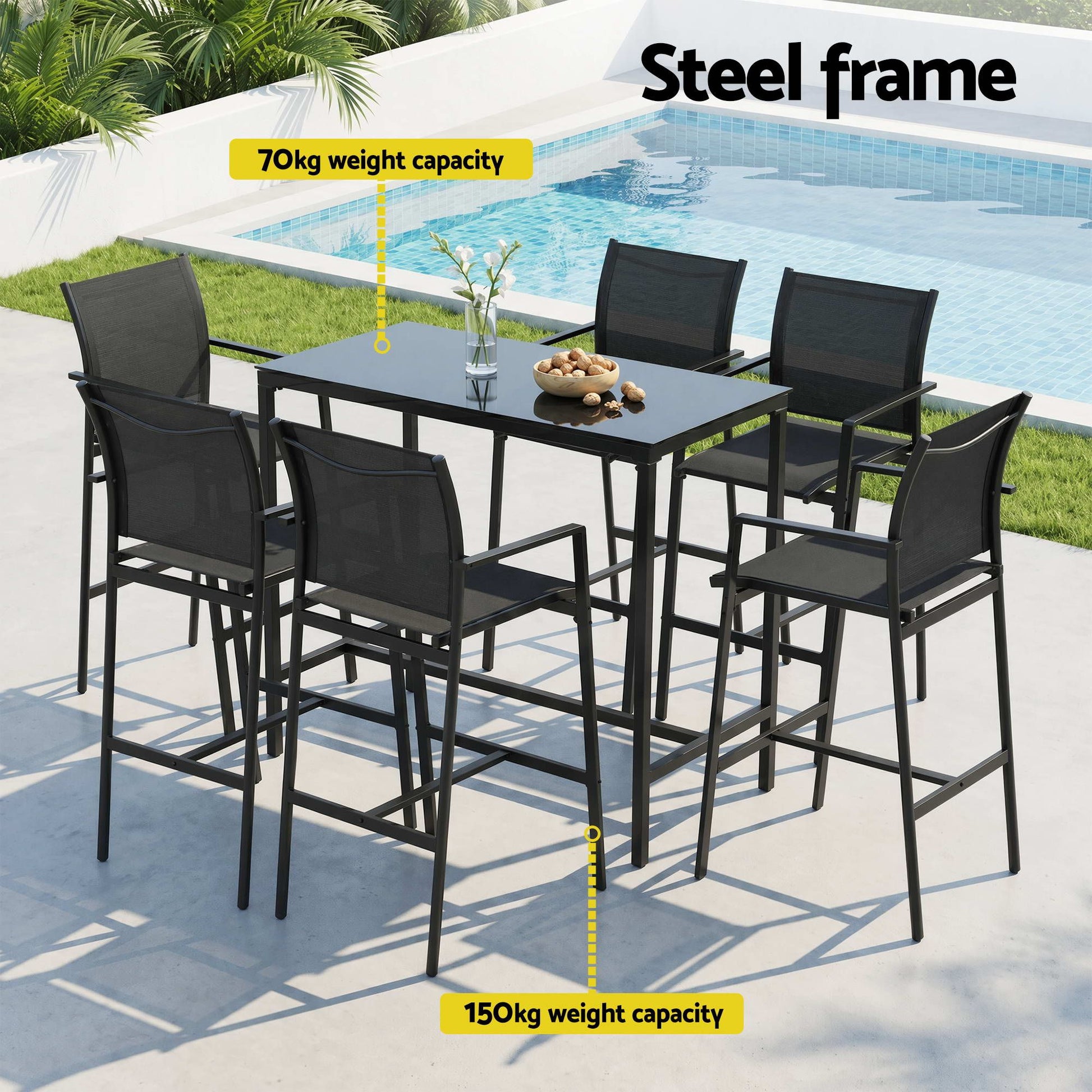 Outdoor dining set with table and chairs by a pool, highlighting steel frame and weight capacity.