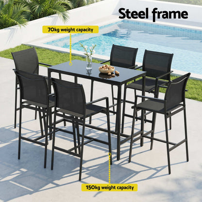 Outdoor dining set with table and chairs by a pool, highlighting steel frame and weight capacity.