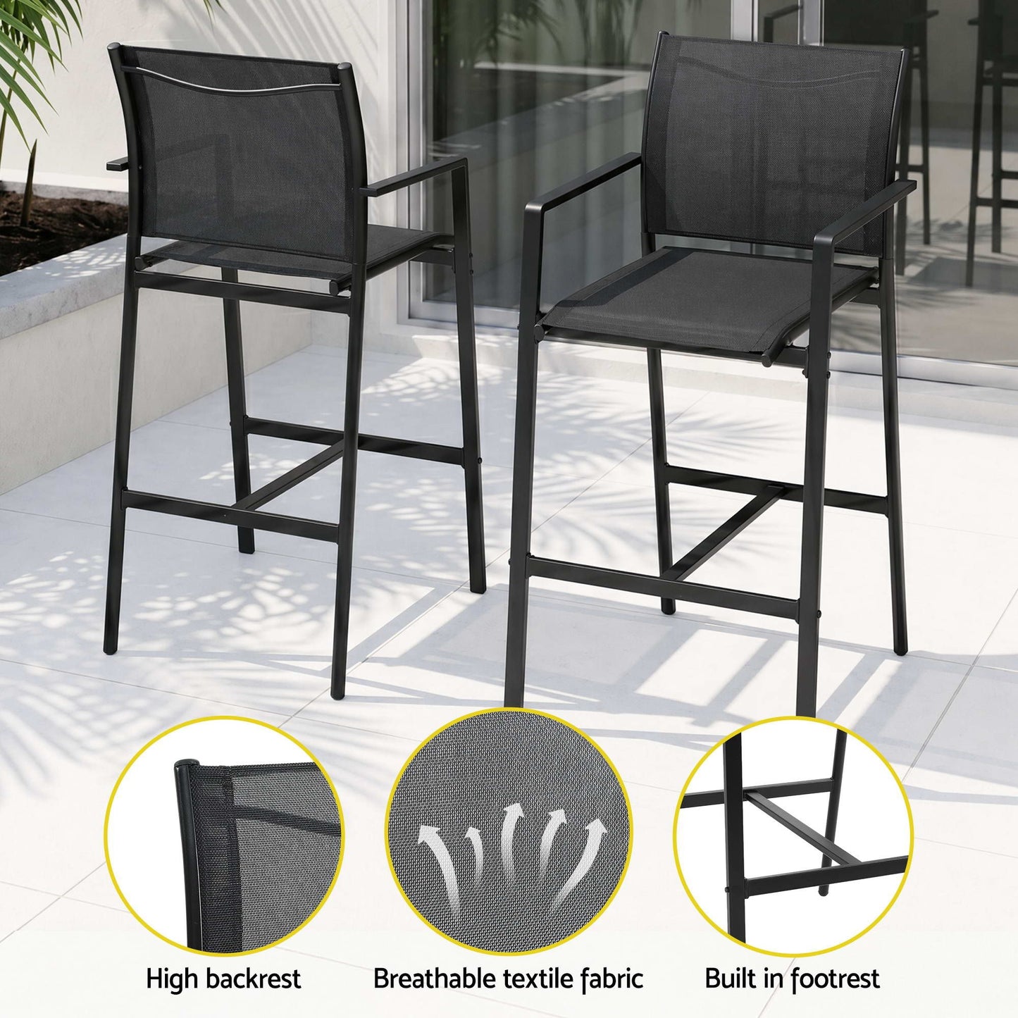 Two black outdoor bar stools with high backrest, breathable textile fabric, and built-in footrest on a patio.