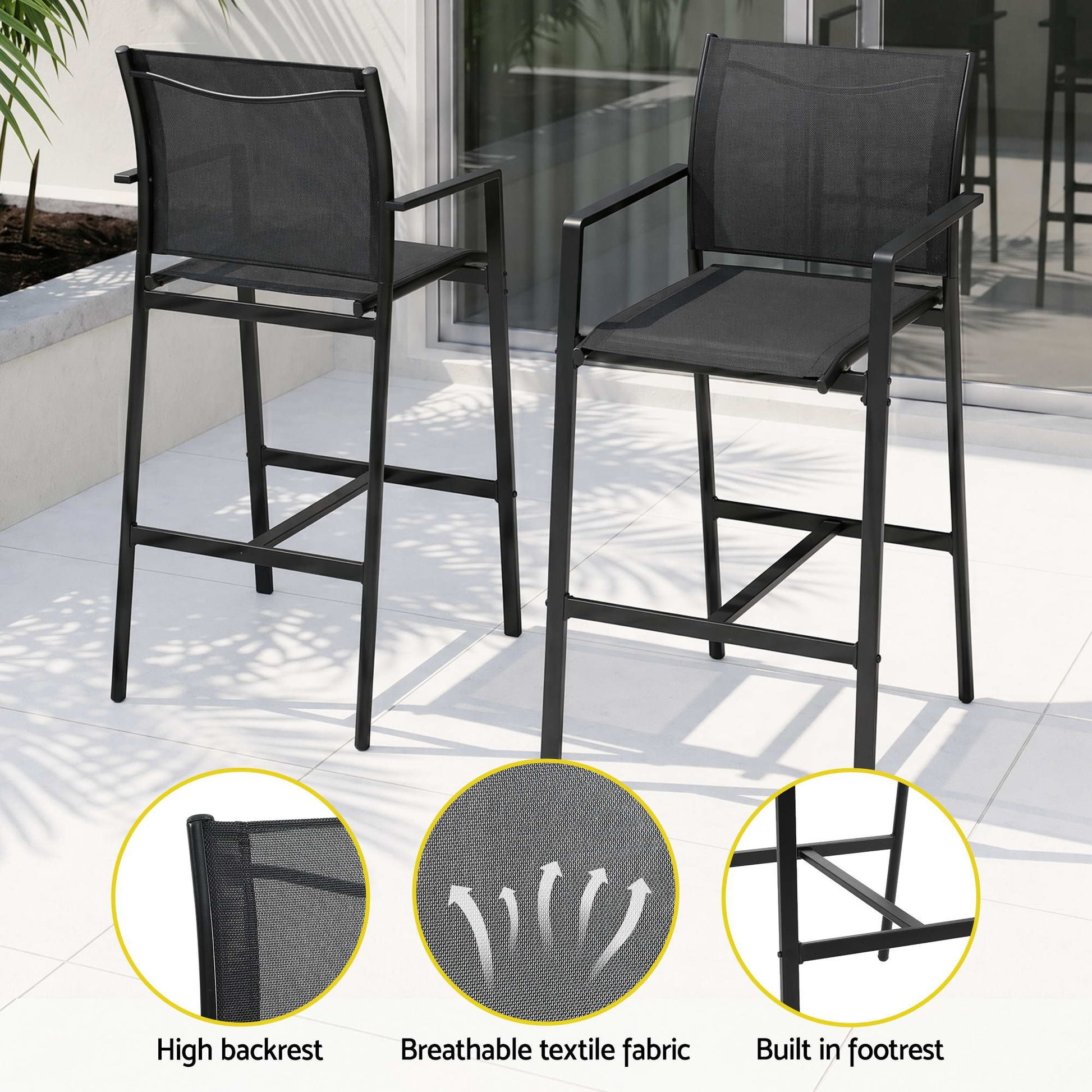 Two black outdoor bar stools with high backrest, breathable textile fabric, and built-in footrest on a patio.