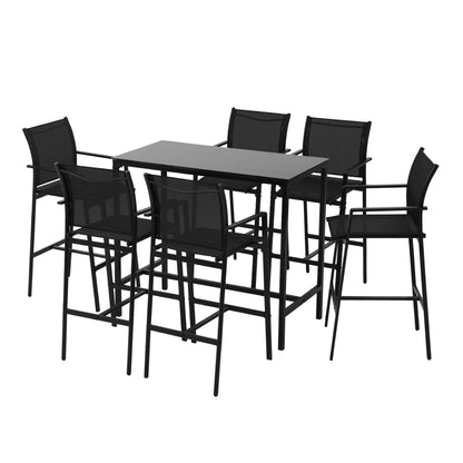 Black outdoor dining set with table and chairs on a white background