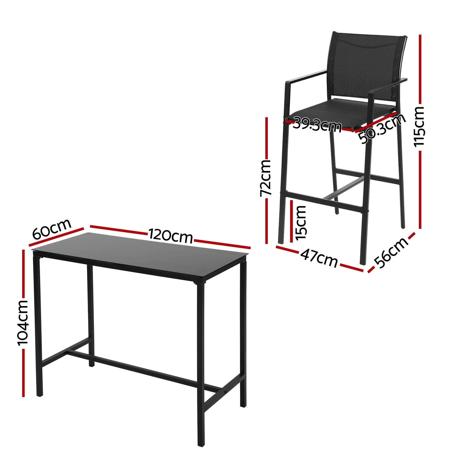 Black bar table and chair with dimensions on a white background