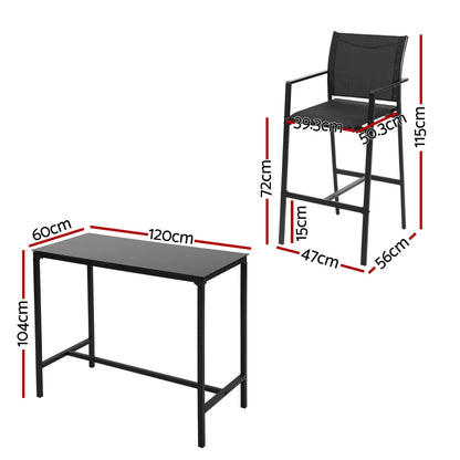 Black bar table and chair with dimensions on a white background