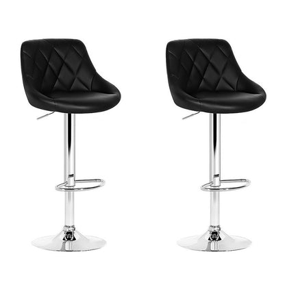 Two matching black upholstered bar stools with diamond-quilted seats and chrome pedestal bases, shown on a plain white background.
