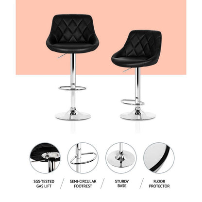 Two black bar stools with features highlighted on a white background.
