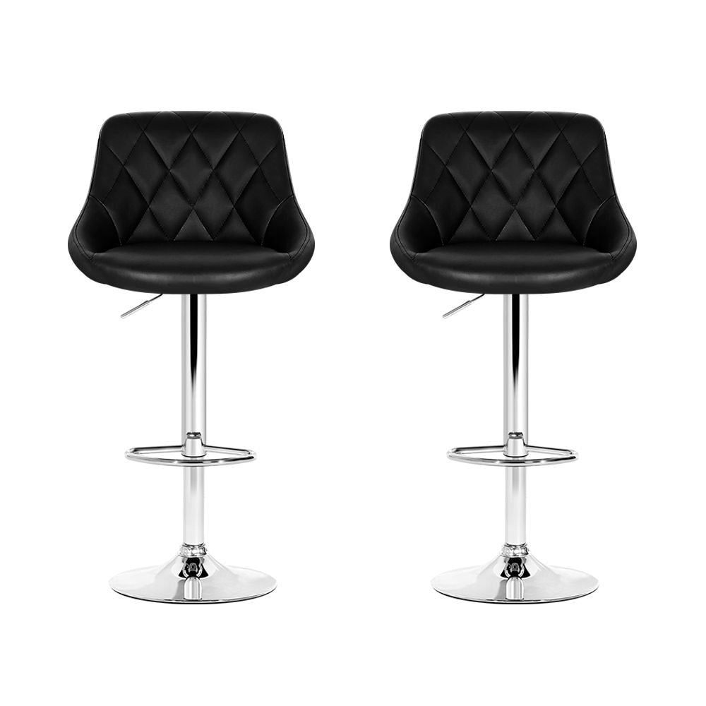 Two matching black bar stools with diamond-quilted faux leather seats and polished chrome bases, shown side by side on a white background.
