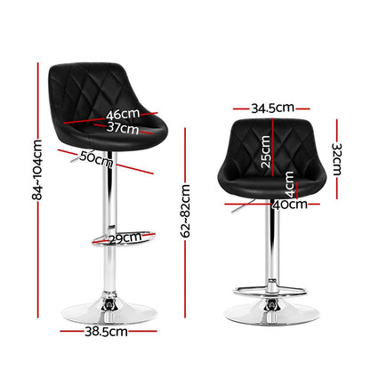 Black bar stools with measurements on a white background