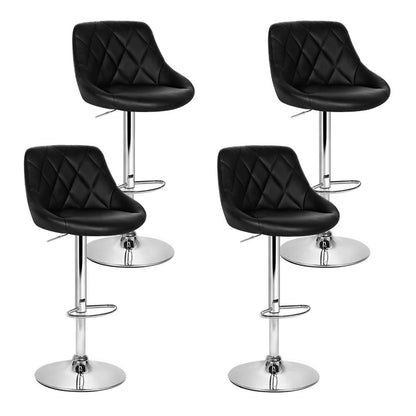 Four black faux leather swivel bar stools with diamond-quilted seats and chrome pedestal bases, arranged in a 2x2 grid on a white background.
