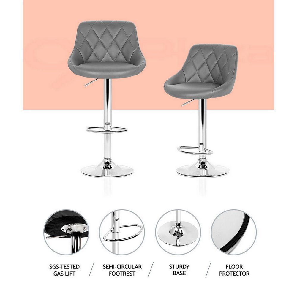 Two grey bar stools with features highlighted on a white background