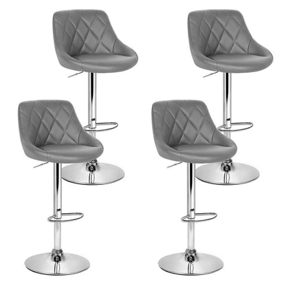 Four grey quilted bar stools with chrome bases on a white background