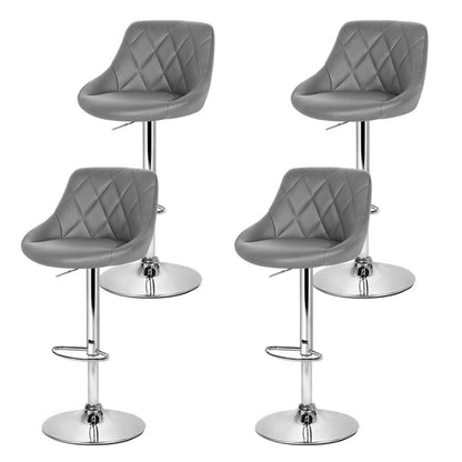 Four grey quilted bar stools with chrome bases on a white background