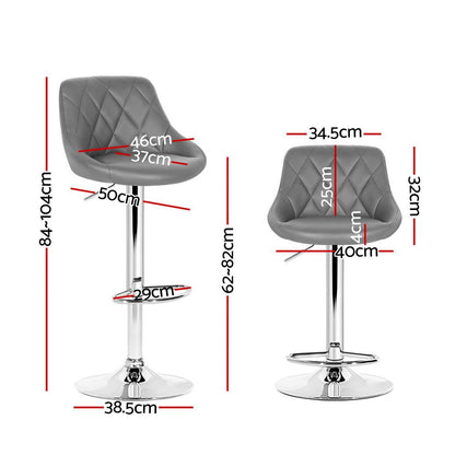 Grey bar stools with dimensions marked on a white background