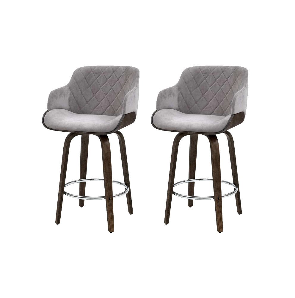Set of 2 Remi grey 70cm velvet swivel bar stools with timber legs and chrome footrests