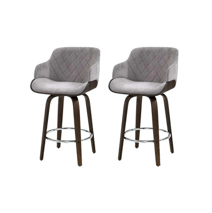 Set of 2 Remi grey 70cm velvet swivel bar stools with timber legs and chrome footrests