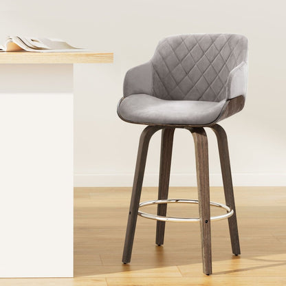 Remi Timber Frame Velvet Padded Swivel Bar Stool 70cm Grey - Barstool Express