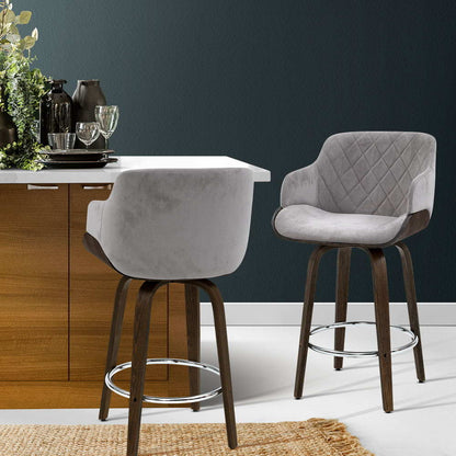 Remi Timber Frame Velvet Padded Swivel Bar Stool 70cm Grey - Barstool Express